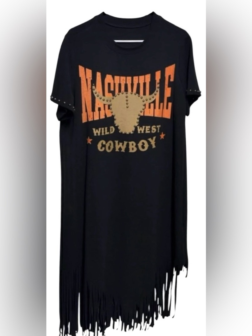 Western Nashville Cowboy Fringe Tee Dress Black Studded Graphic Tunic Size XL